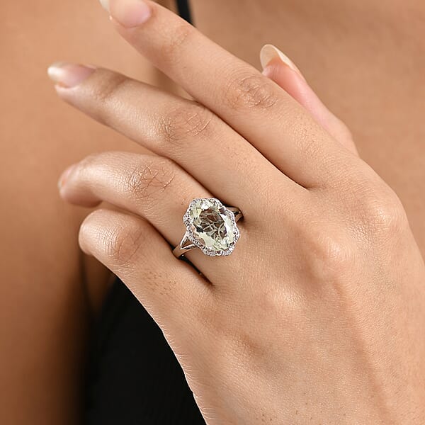 Shop Lc D'Joy Montezuma Prasiolite And White Zircon 6.10 Ctw Ring In Platinum Over Sterling Silver