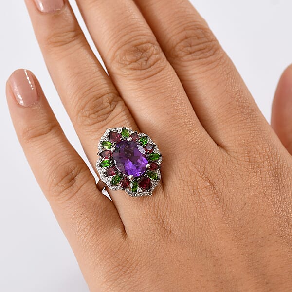Shop Lc D'Joy Moroccan Amethyst And Multi Gemstone 7.40 Ctw Nature's Empress Ring In Rhodium Over Sterling Silver