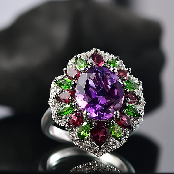 Shop Lc D'Joy Moroccan Amethyst And Multi Gemstone 7.40 Ctw Nature's Empress Ring In Rhodium Over Sterling Silver
