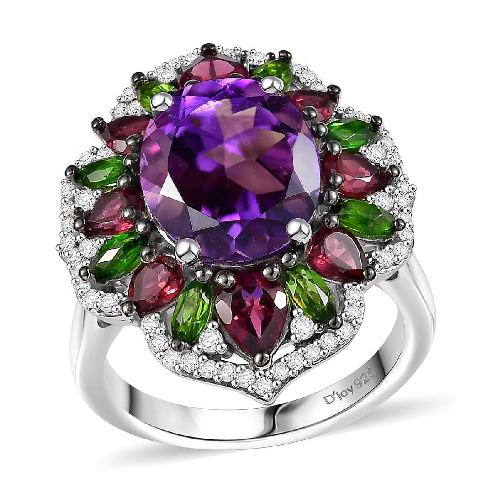 shop lc D'Joy Moroccan Amethyst and Multi Gemstone 7.40 ctw Nature's Empress Ring in Rhodium Over Sterling Silver