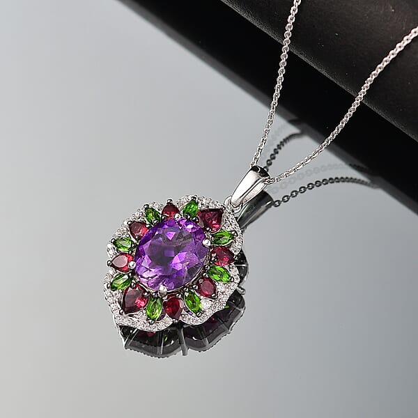 Shop Lc D'Joy Moroccan Amethyst And Multi Gemstone 7.60 Ctw Nature's Empress Pendant Necklace In Rhodium Over Sterling Silver 20 Inches