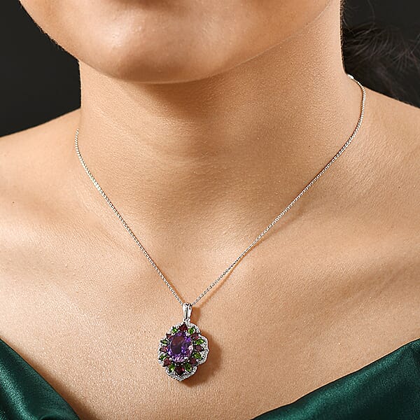 Shop Lc D'Joy Moroccan Amethyst And Multi Gemstone 7.60 Ctw Nature's Empress Pendant Necklace In Rhodium Over Sterling Silver 20 Inches