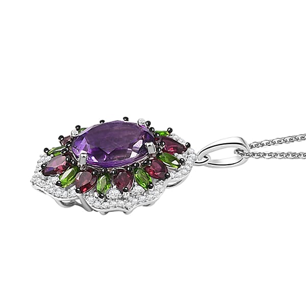 Shop Lc D'Joy Moroccan Amethyst And Multi Gemstone 7.60 Ctw Nature's Empress Pendant Necklace In Rhodium Over Sterling Silver 20 Inches