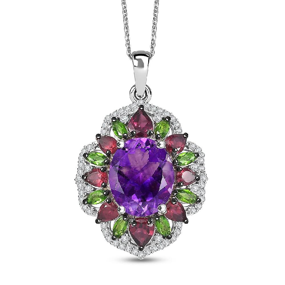 shop lc D'Joy Moroccan Amethyst and Multi Gemstone 7.60 ctw Nature's Empress Pendant Necklace in Rhodium Over Sterling Silver 20 Inches