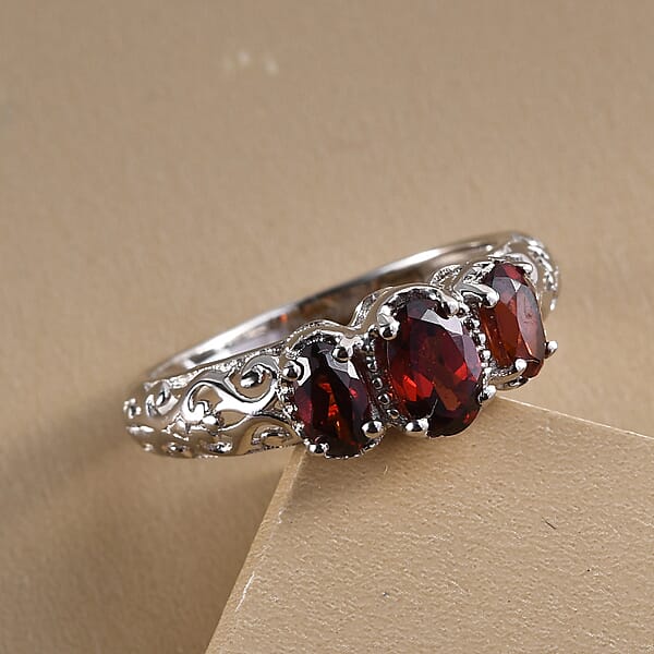 Shop Lc D'Joy Mozambique Garnet 3 Stone Ring In Platinum Over Sterling Silver 1.10 Ctw