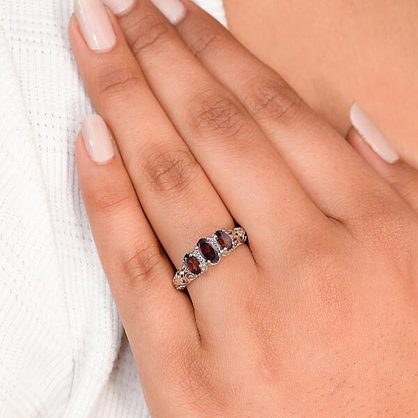 Shop Lc D'Joy Mozambique Garnet 3 Stone Ring In Platinum Over Sterling Silver 1.10 Ctw