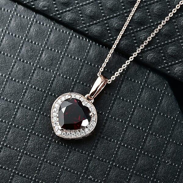 Shop Lc D'Joy Mozambique Garnet And Moissanite 4.00 Ctw Heartfire Glow Pendant Necklace In 18K Vermeil Rose Gold Over Sterling Silver 20 Inches
