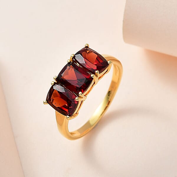 Shop Lc D'Joy Mozambique Garnet Trilogy Ring In 14K YG Over Sterling Silver 3.60 Ctw
