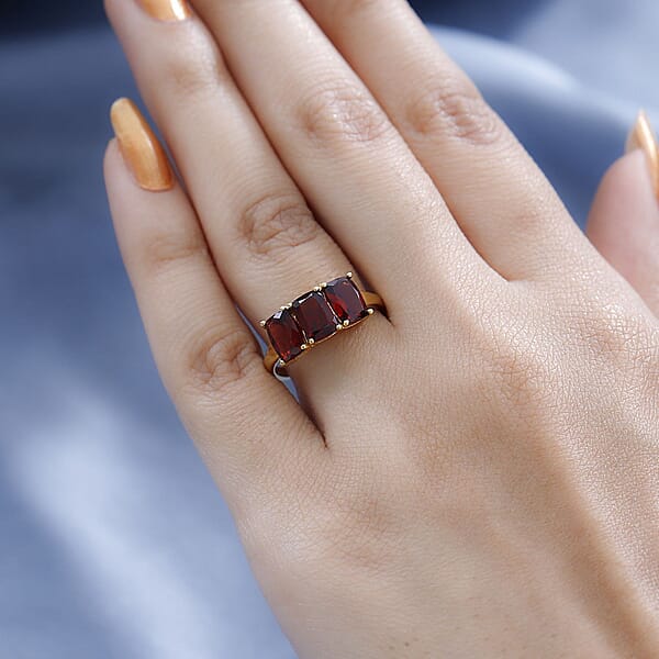 Shop Lc D'Joy Mozambique Garnet Trilogy Ring In 14K YG Over Sterling Silver 3.60 Ctw