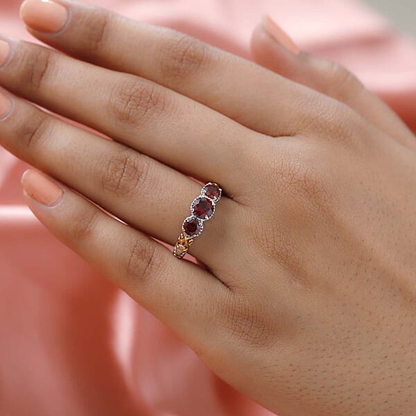 Shop Lc D'Joy Mozambique Garnet Trilogy Ring In Vermeil YG And Platinum Over Sterling Silver 1.30 Ctw