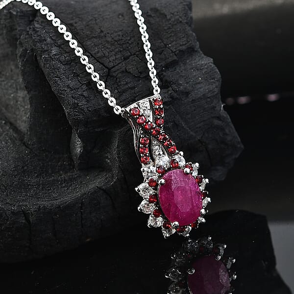 Shop Lc D'Joy Mozambique Ruby And Multi Gemstone 2.30 Ctw Cornflower Pendant Necklace In Rhodium Over Sterling Silver 20 Inches