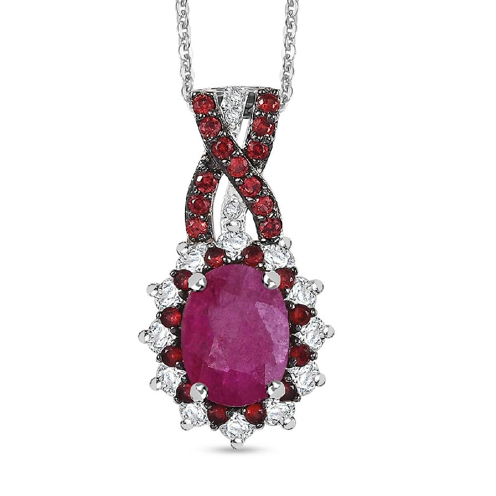 shop lc D'Joy Mozambique Ruby and Multi Gemstone 2.30 ctw Cornflower Pendant Necklace in Rhodium Over Sterling Silver 20 Inches