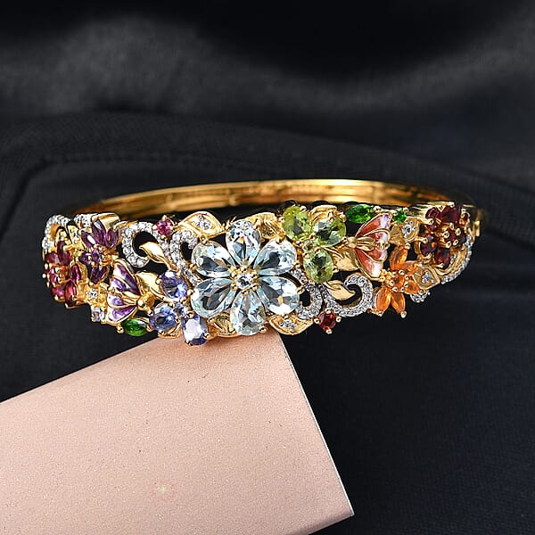 Shop Lc D'Joy Multi Gemstone 11.60 Ctw Blooming Garden Bangle Bracelet In 18K Vermeil Yellow Gold Over Sterling Silver (6.50 In) (Del. In 7-10 Days)