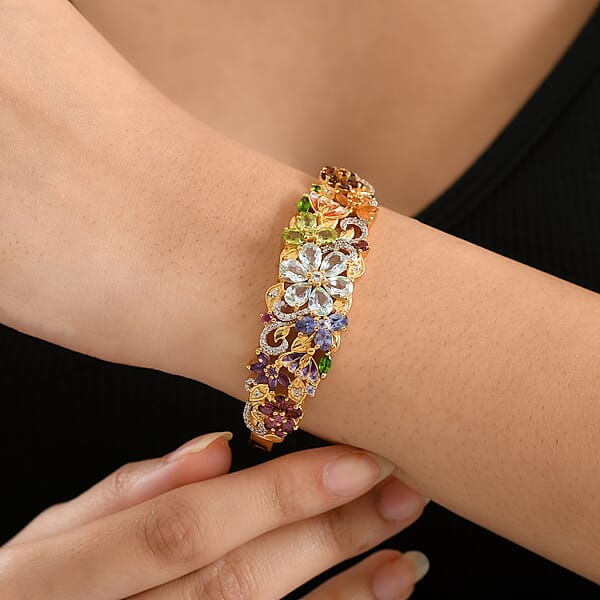 Shop Lc D'Joy Multi Gemstone 11.60 Ctw Blooming Garden Bangle Bracelet In 18K Vermeil Yellow Gold Over Sterling Silver (6.50 In) (Del. In 7-10 Days)