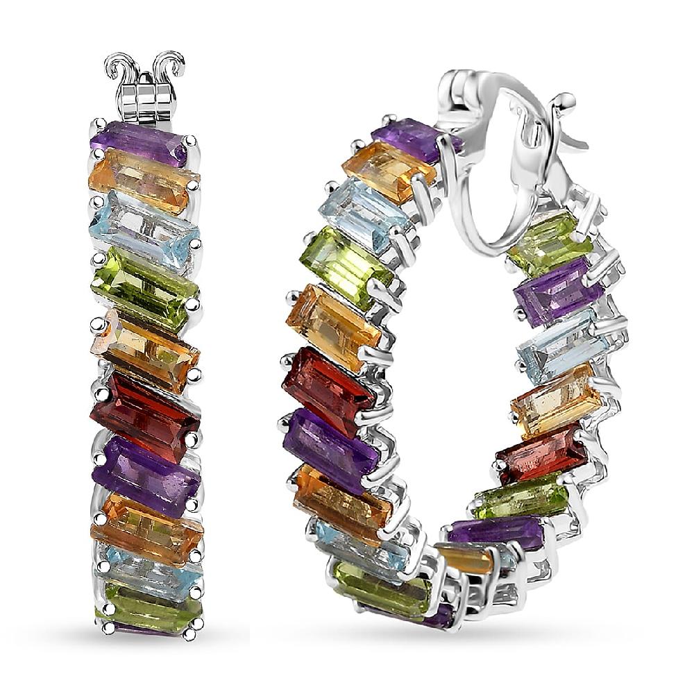 shop lc D'Joy Multi Gemstone 15.80 ctw Hoop Earrings in Rhodium Over Sterling Silver