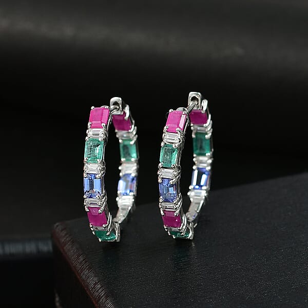 Shop Lc D’Joy Multi Gemstone 4.50 Ctw Floral Vine Hoop Earrings In Rhodium Over Sterling Silver