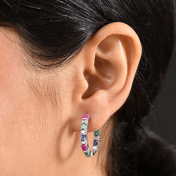 Shop Lc D’Joy Multi Gemstone 4.50 Ctw Floral Vine Hoop Earrings In Rhodium Over Sterling Silver