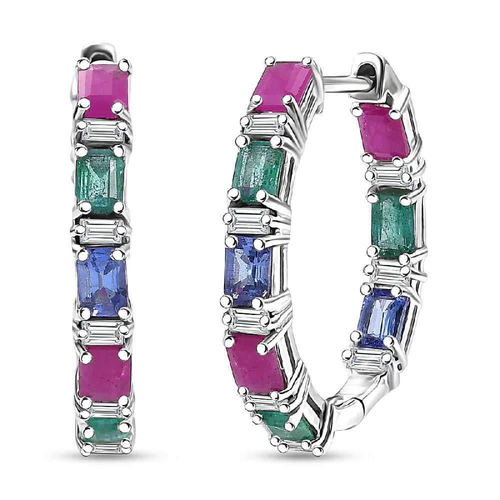 shop lc D’Joy Multi Gemstone 4.50 ctw Floral Vine Hoop Earrings in Rhodium Over Sterling Silver