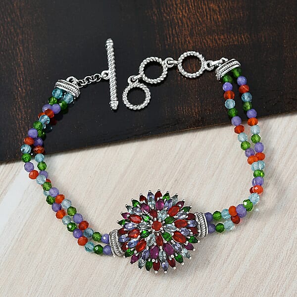 Shop Lc D'Joy Multi Gemstone 41.00 Ctw Chrysanthemum Flower Bracelet In Rhodium Over Sterling Silve (6.50-8.0In)
