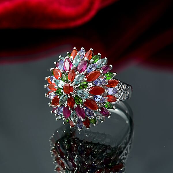 Shop Lc D'Joy Multi Gemstone 5.35 Ctw Chrysanthemum Flower Ring In Rhodium Over Sterling Silver