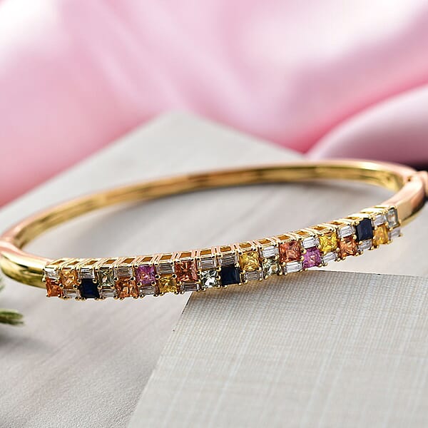 Shop Lc D'Joy Multi Sapphire And Moissanite 4.50 Ctw Color Crest Bangle Bracelet In 18K Vermeil YG Over Sterling Silver (7.25 In)