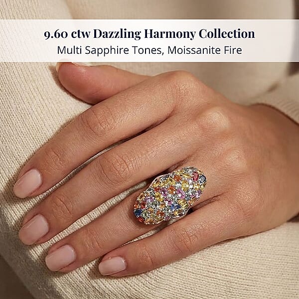 Shop Lc D'Joy Multi Sapphire And Moissanite 9.60 Ctw Crown Of Colors Ring In Rhodium Over Sterling Silver