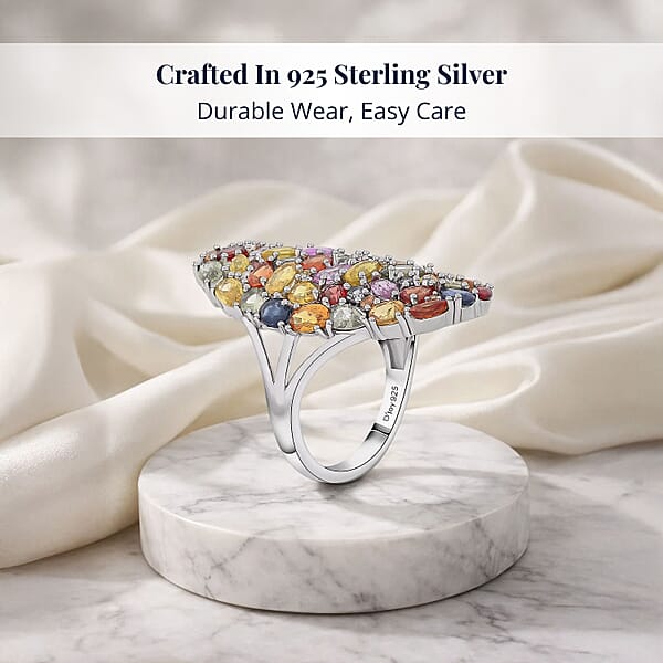 Shop Lc D'Joy Multi Sapphire And Moissanite 9.60 Ctw Crown Of Colors Ring In Rhodium Over Sterling Silver