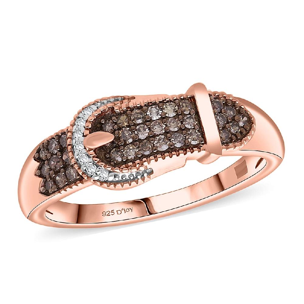 shop lc D'Joy Natural Champagne and White Diamond 0.25 ctw Buckle Ring in 18K Vermeil Rose Gold Over Sterling Silver