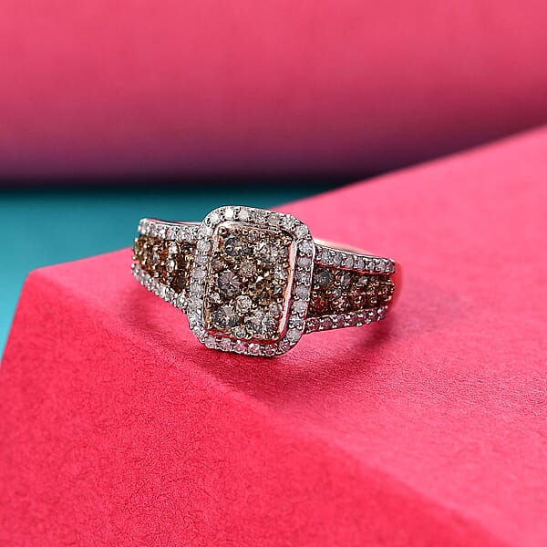 Shop Lc D'Joy Natural Champagne And White Diamond 1.00 Ctw Art Deco Ring In 18K Vermeil Rose Gold Sterling Silver