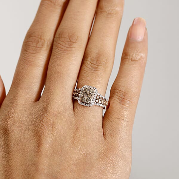 Shop Lc D'Joy Natural Champagne And White Diamond 1.00 Ctw Art Deco Ring In 18K Vermeil Rose Gold Sterling Silver