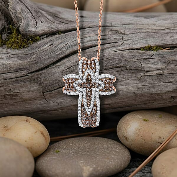 Shop Lc D'Joy Natural Champagne And Whtie Diamond Cross Pendant Necklace In 18K Vermeil RG Over Sterling Silver 0.50 Ctw (20 Inches)