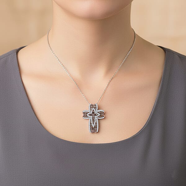 Shop Lc D'Joy Natural Champagne And Whtie Diamond Cross Pendant Necklace In 18K Vermeil RG Over Sterling Silver 0.50 Ctw (20 Inches)