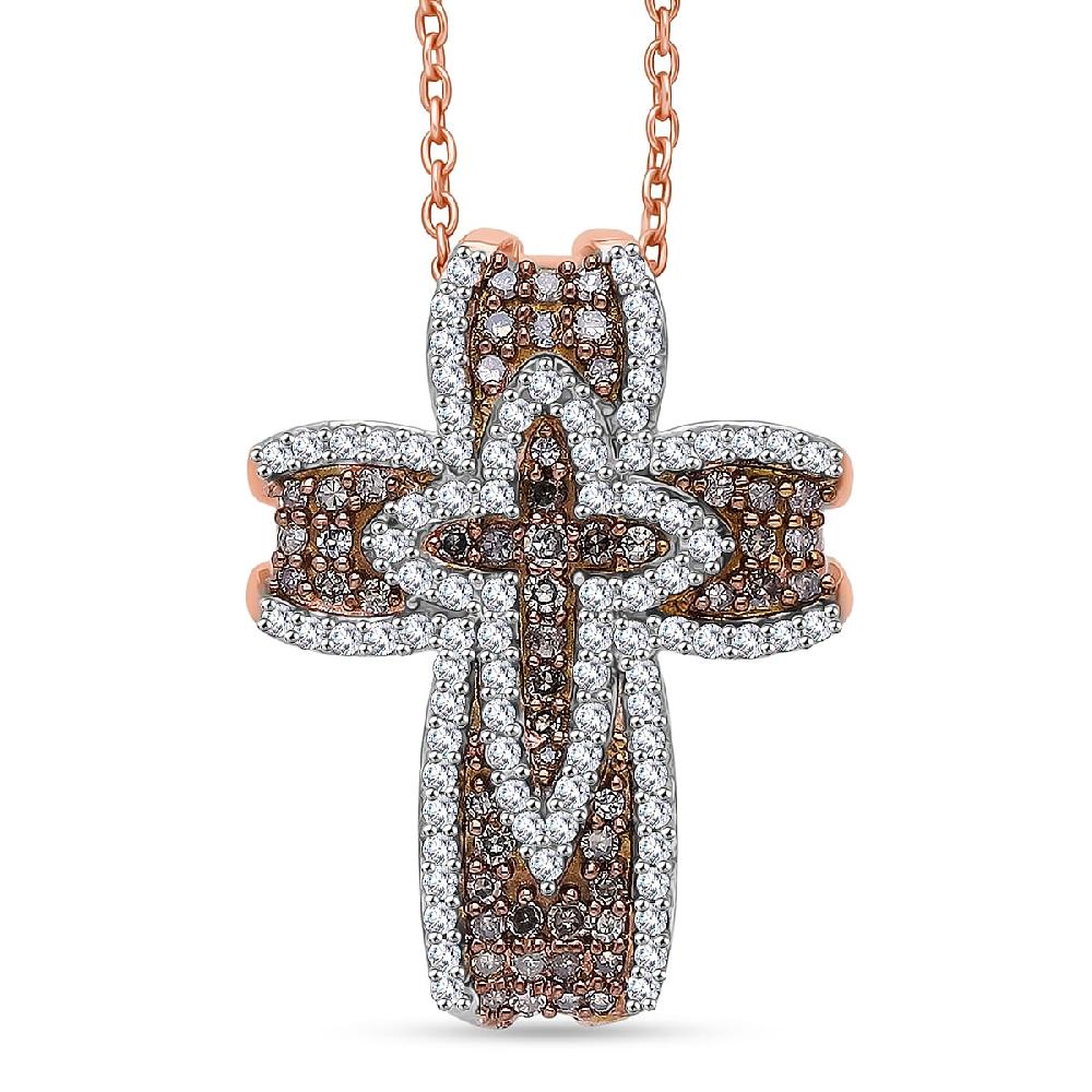 shop lc D'Joy Natural Champagne and Whtie Diamond Cross Pendant Necklace in 18K Vermeil RG Over Sterling Silver 0.50 ctw (20 Inches)
