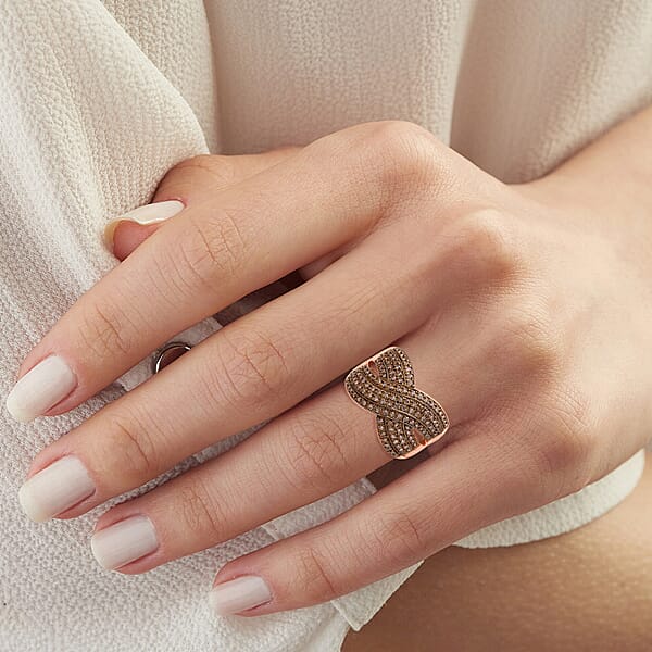 Shop Lc D’Joy Natural Champagne Diamond 0.75 Ctw Crossover Bridge Ring In 18K Vermeil Rose Gold Over Sterling Silver