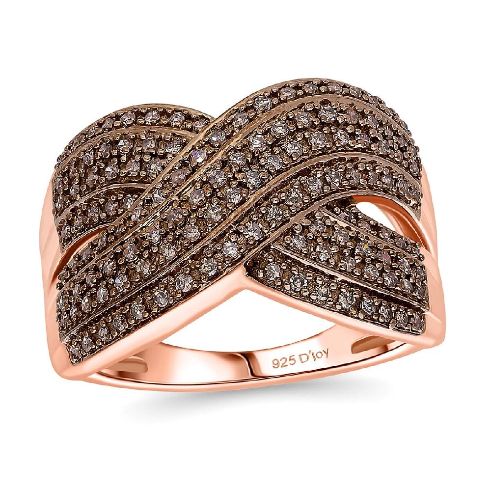 shop lc D’Joy Natural Champagne Diamond 0.75 ctw Crossover Bridge Ring in 18K Vermeil Rose Gold Over Sterling Silver