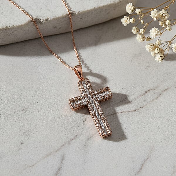Shop Lc D'Joy Natural Champagne Diamond Cross Pen.dant Necklace In Vermeil RG Over Sterling Silver 1.00 Ctw (20 Inches)