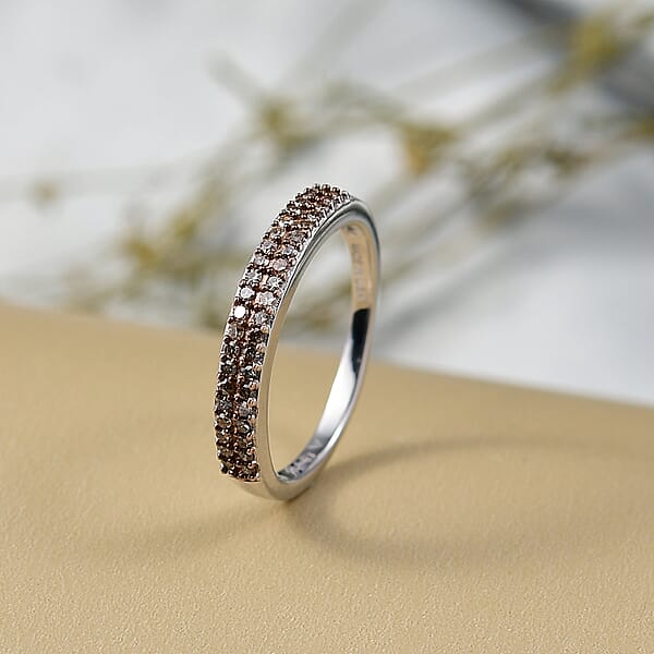 Shop Lc D'Joy Natural Champagne Diamond Double Row Band Ring In Rhodium Over Sterling Silver 0.24 Ctw