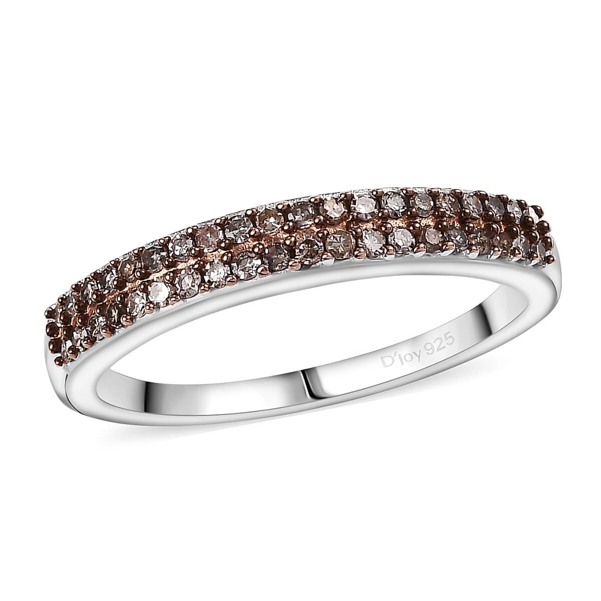 shop lc D'Joy Natural Champagne Diamond Double Row Band Ring in Rhodium Over Sterling Silver 0.24 ctw