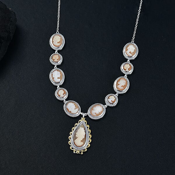Shop Lc D'Joy Natural Italian Conch Cameo 12.65 Ctw Victorian Elegance Necklace In 18K Vermeil YG And Rhodium Over Sterling Silver 18 Inches
