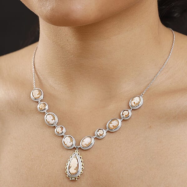 Shop Lc D'Joy Natural Italian Conch Cameo 12.65 Ctw Victorian Elegance Necklace In 18K Vermeil YG And Rhodium Over Sterling Silver 18 Inches