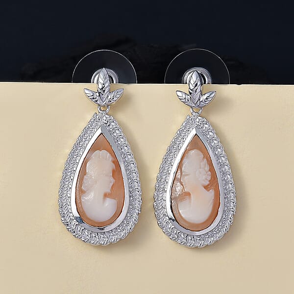 Shop Lc D'Joy Natural Italian Conch Cameo 5.50 Ctw Eternal Grace Earrings In Rhodium Over Sterling Silver