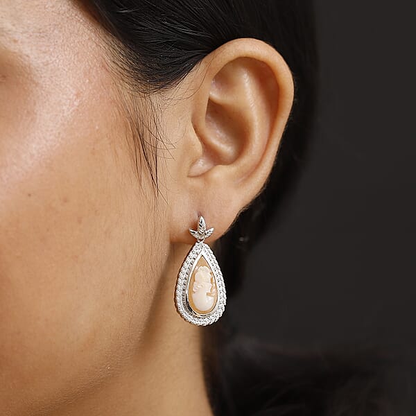 Shop Lc D'Joy Natural Italian Conch Cameo 5.50 Ctw Eternal Grace Earrings In Rhodium Over Sterling Silver