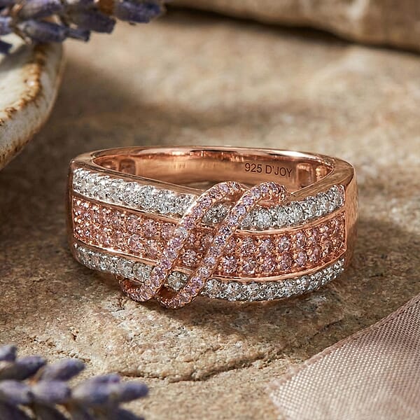 Shop Lc D'Joy Natural Pink And White Diamond 1.10 Ctw Intertwined Ribbon Ring In 18K Vermeil Rose Gold Over Sterling Silver