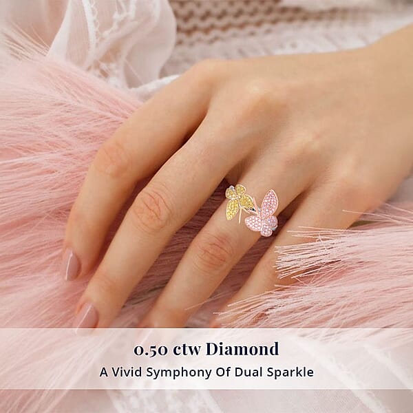 Shop Lc D'Joy Natural Pink And Yellow Diamond I3 0.50 Ctw Butterfly Ring In Vermeil Yellow Rose Gold And Rhodium Over Sterling Silver