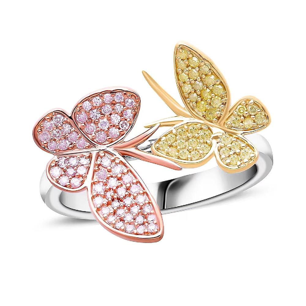 shop lc D'Joy Natural Pink and Yellow Diamond I3 0.50 ctw Butterfly Ring in Vermeil Yellow Rose Gold and Rhodium Over Sterling Silver