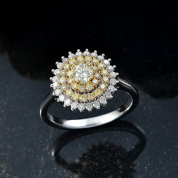 Shop Lc D'Joy Natural Yellow Diamond White Diamond Floral Ring In Rhodium Over Sterling Silver 1.00 Ctw