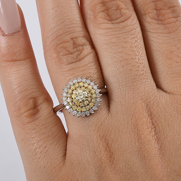 Shop Lc D'Joy Natural Yellow Diamond White Diamond Floral Ring In Rhodium Over Sterling Silver 1.00 Ctw