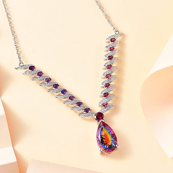 Shop Lc D'Joy Nebula Quartz Doublet And Multi Gemstone 16.35 Ctw Cosmic Dance Necklace In Rhodium Over Sterling Silver 18 Inches