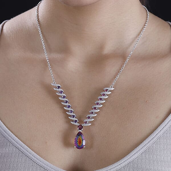 Shop Lc D'Joy Nebula Quartz Doublet And Multi Gemstone 16.35 Ctw Cosmic Dance Necklace In Rhodium Over Sterling Silver 18 Inches