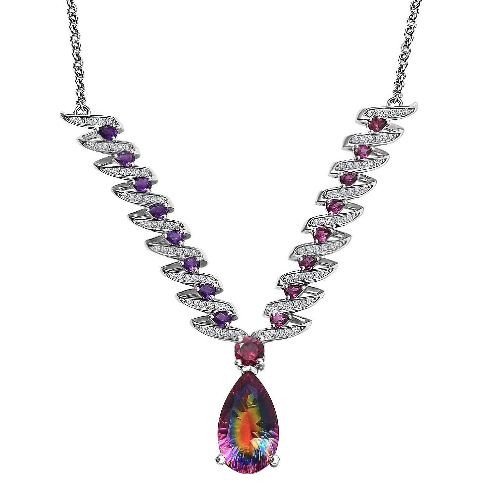shop lc D'Joy Nebula Quartz Doublet and Multi Gemstone 16.35 ctw Cosmic Dance Necklace in Rhodium Over Sterling Silver 18 Inches